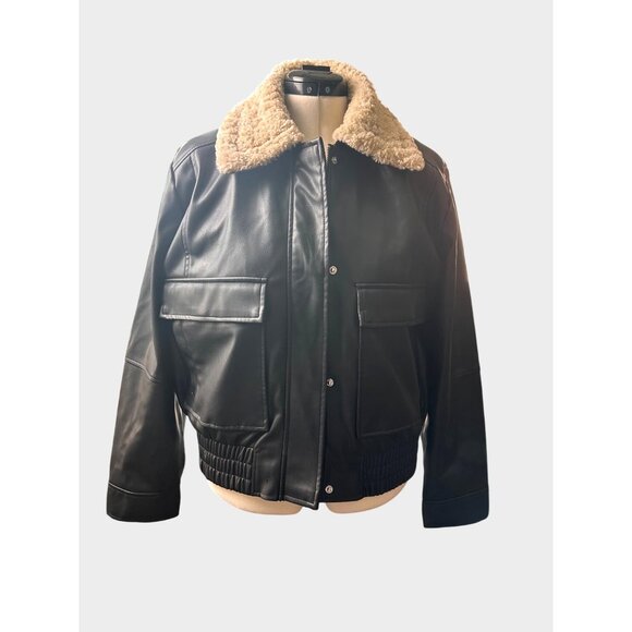 French Connection XL Faux Vegan Leather Bomber Jacket Shearling Collar Black - Picture 2 of 10